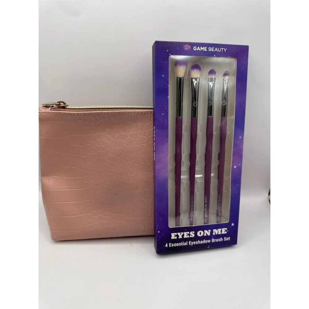 Game Beauty‎ Eyes On Me 4pc Eyeshadow Brush Set & Ipsy Pink Croc Makeup Bag NEW